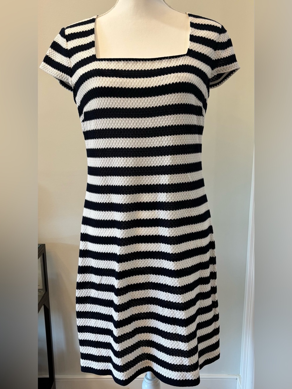 Diane Von Furstenberg Navy & White Striped Square-Neck Mini Dress, Size 10